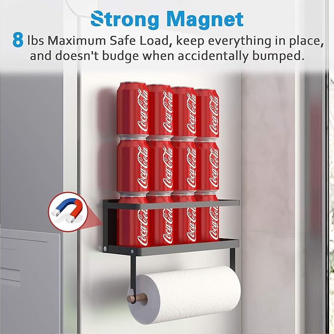 Magnetic Spice Rack, THIPOTEN 2-in-1 Foldable Strong Magnetic Shelf with Paper Towel Holder, Perfect Space Saver for Small Kitchen/Apartment, Easy to Install on The Side of Refrigerator(Black)