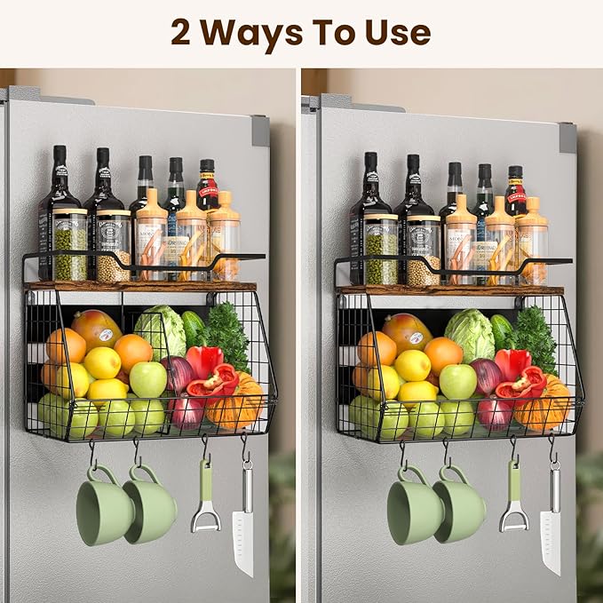 Magnetic Shelf for Fridge with Wood Lid & 4 Hooks, Fruit Potato & Onion Storage Bins, Pantry Organizer & Storage, Large Container Magnetic Spice Rack for Refrigerator, Kitchen Counter & Cabinet