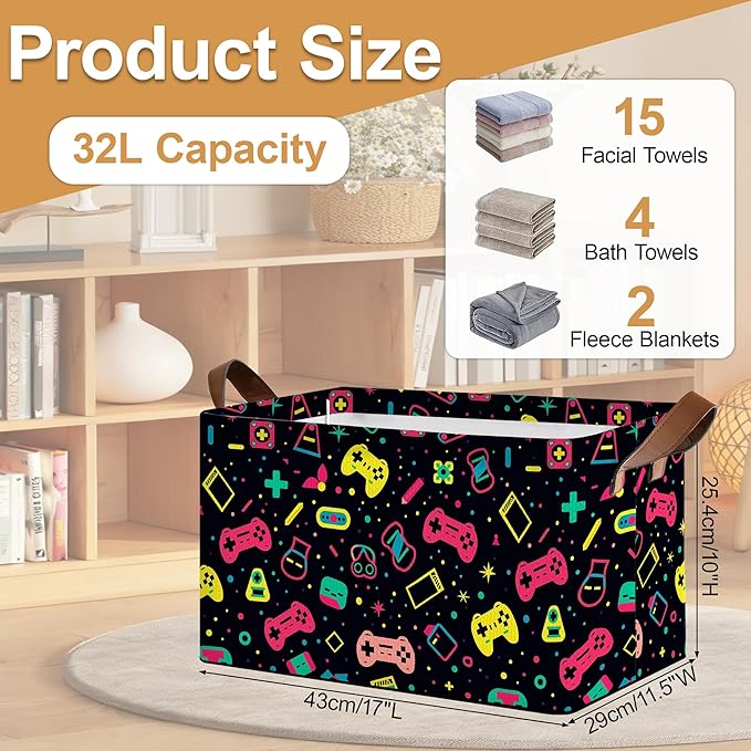 Decorative 32L Colorful Game Controller Storage Bins with Handles, Organization and Storage, Cube Storage Organizer for Hamper, Nursery