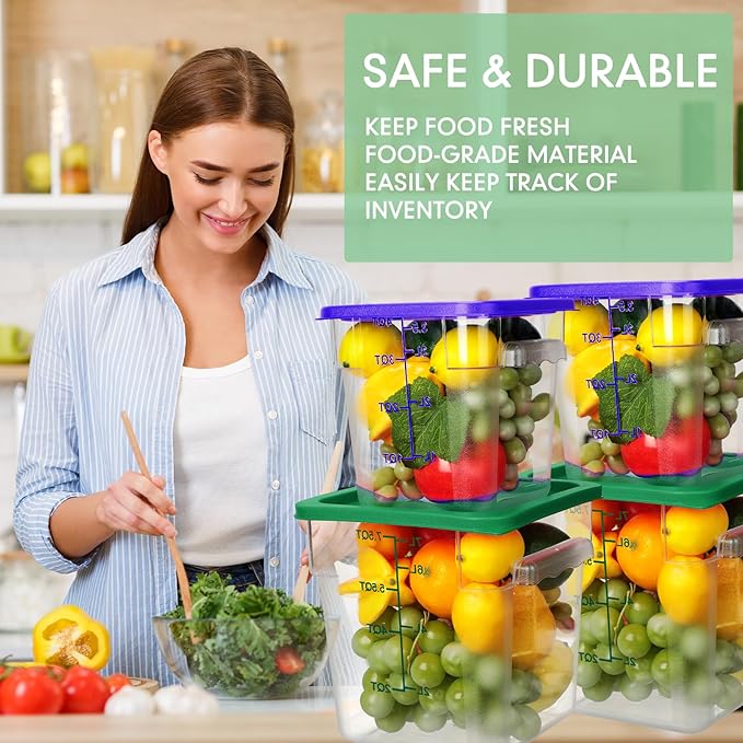 Lallisa 4 Pcs 8qt & 4qt Clear Food Storage Containers with Lids Handles and Scales, Stackable Plastic Square Food Storage Containers for Dough Proofing Baking Kitchen Restaurant(Blue, Green)