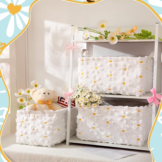 Kathfly Daisy Storage Baskets Plush Faux Fur Jacquard Design Laundry Basket with Handles Waterproof Flower Storage Bins Fabric Shelf Baskets for Organizing Closet Clothes