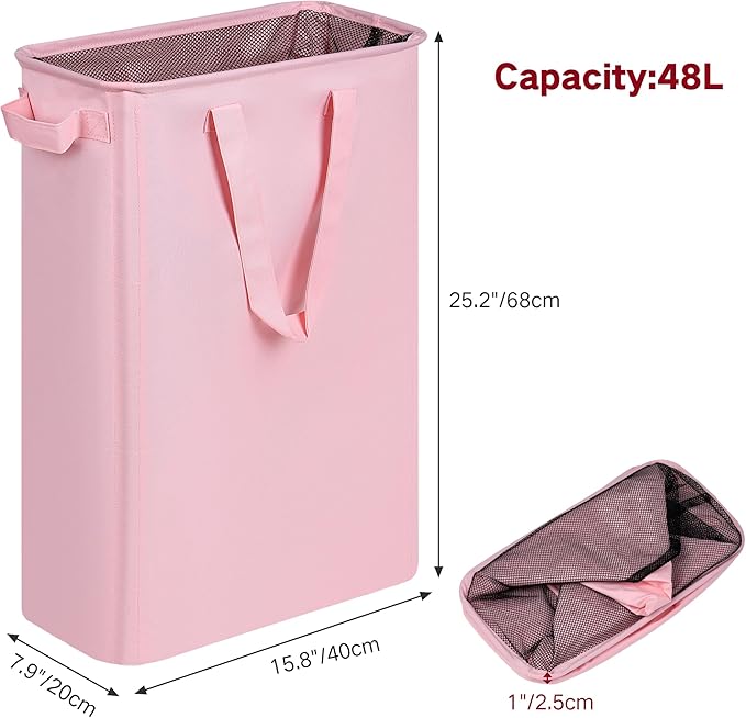 efluky Laundry Basket, Dirty Clothes Basket with Handles, Foldable Laundry Basket for Clothes, Tall Laundry Basket for Laundry Room, Dorm and Bedroom, 12.7 Gallons(48L) Pink, 48HP_24BK