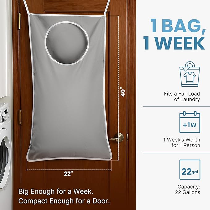 Hanging Laundry Hamper Bag XL, Space Saving over the Door Storage Bags, Behind the Door Hampers for Dirty Clothes & Wall Mounted Basket for Bathroom (Grey, Single Compartment)