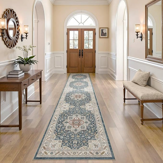 Vintage Hallway Runner Rug 2x10: Large Soft Washable Entryway for Kitchen Laundry Room Non-Slip Backing Runner for Entrance Living Room Bedroom Bathroom - Vintage Blue