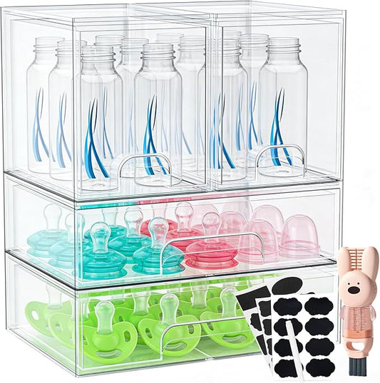 TOOGE Stackable Baby Bottle Organizer: Acrylic Bottle Organizer Baby Storage Drawers Clear Bottle Station Organization for Countertop Cabinet Vanity with 4 in 1 Cup Lid Cleaning Brush & Label - Wide