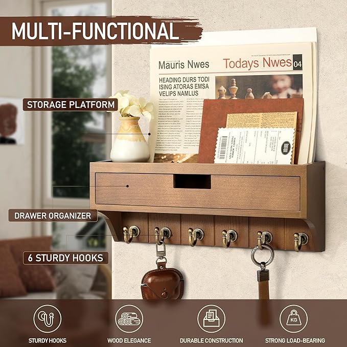Rebee Vision Farmhouse Pine Wood Key Holder Wall Mount with Drawer Organizer – Mail Organizer with 6 Sturdy Key Hooks and Storage Drawer – Rustic Home Decor for Apartment Essentials (Brown)