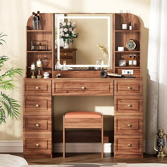 43" Makeup Vanity Desk with Mirror and Lights, & Power Outl, Glass Top Big Vanity Table with 9 Drawers& 8 Storage Shelves, Dressing Table Set with Chair for Bedroom, Walnut