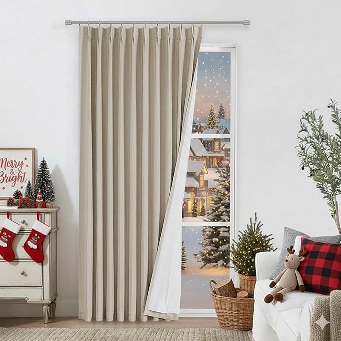 Vision Home Sand Pinch Pleated Full Blackout Curtains Linen Blended Room Darkening Window Curtains 95 inch for Living Room Bedroom Thermal Insulated Pinch Pleat Drapes with Hooks 1 Panel 60" Wx95 L