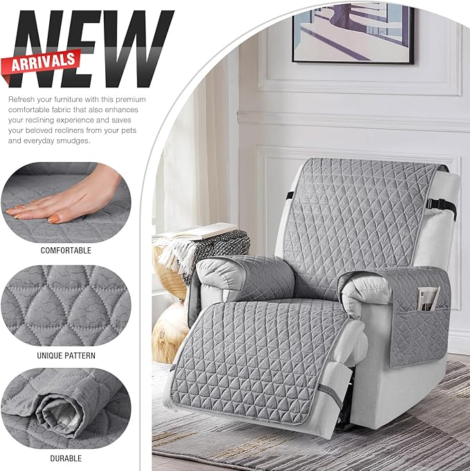 TAOCOCO 100% Waterproof Recliner Cover - Recliner Cover with Non-Slip Granule, Recliner Chair Covers with Elastic Band, Recliner Chair Covers for Reclining Chair(Light Gray, Medium-25'')