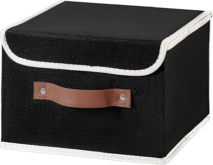 Collapsible Storage Boxes Baskets with Lid Cotton Linen Fabric Storage Bins with Faux Leather Handles Decorative Washable Cube Organizer Container for Home Closet Bedroom (Black, Small Size)