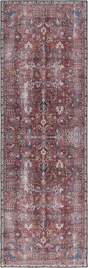 SAFAVIEH Washable Rug Tucson Collection - 2'6" x 10' Runner, Red & Beige, Slip Resistant & Easy to Clean, Ideal for Living Room, Bedroom, Dining Space (TSN174Q)