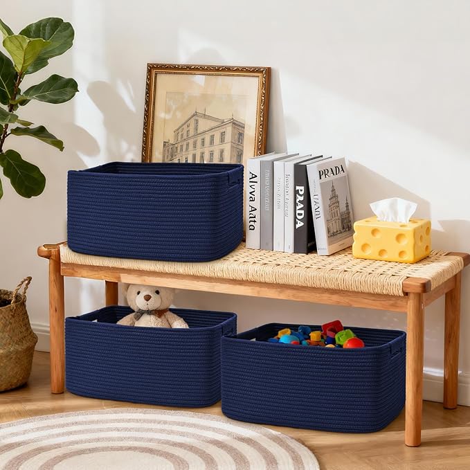 3 Pack Large Storage Basket for Organizing, 17.5"x13"x7" Woven Basket for Shelves, Closet Cube Storage Bins with Wrapped Handle, Cotton Rope Baskets for Kitchen, Clothes, Toys(Navy Blue)