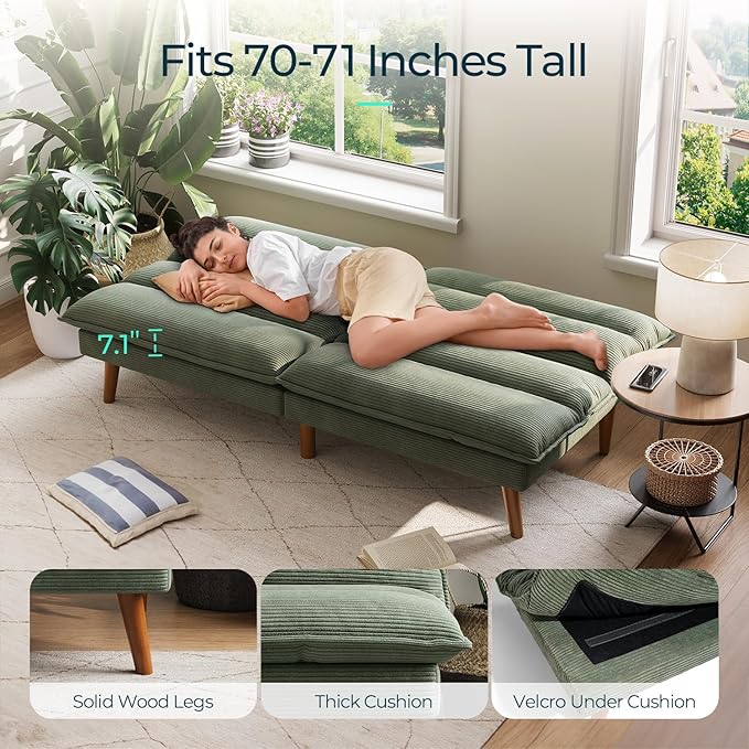 LINSY HOME Futon Sofa Bed - Convertible Corduroy Futon Couch Bed with Adjustable Backrest, Modern Small Loveseat Sleeper Sofa for Small Spaces, Living Room, Apartment or Office (Green)