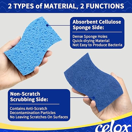 12 Pack Dish Sponge for Kitchen, Dual Sided Scrub Heavy Duty and Heavy Duty Scrub Brush with Handle, Comfort Grip Shower Scrubber for Cleaning Bathroom, Shower, Sink, Floor - Bule