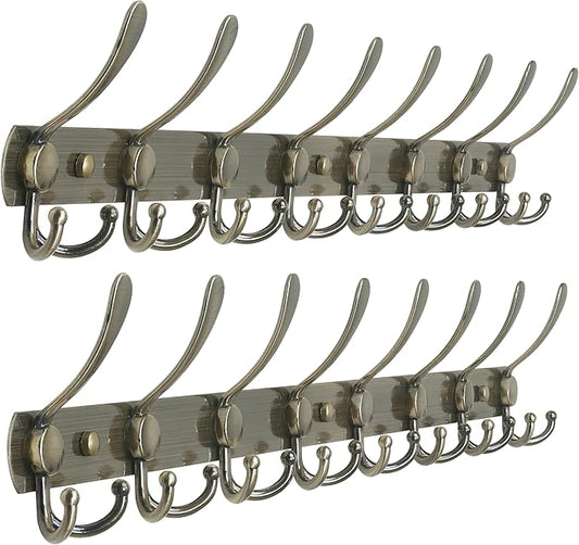 Dseap Coat Rack Wall Mount - 29.5” Long 8-Tri-Hooks Heavy Duty Coat Hanger Rail Wall Hooks for Hanging Coats Hats Clothing Clothes Purse Mudroom Entryway, Bronze, Pack of 2