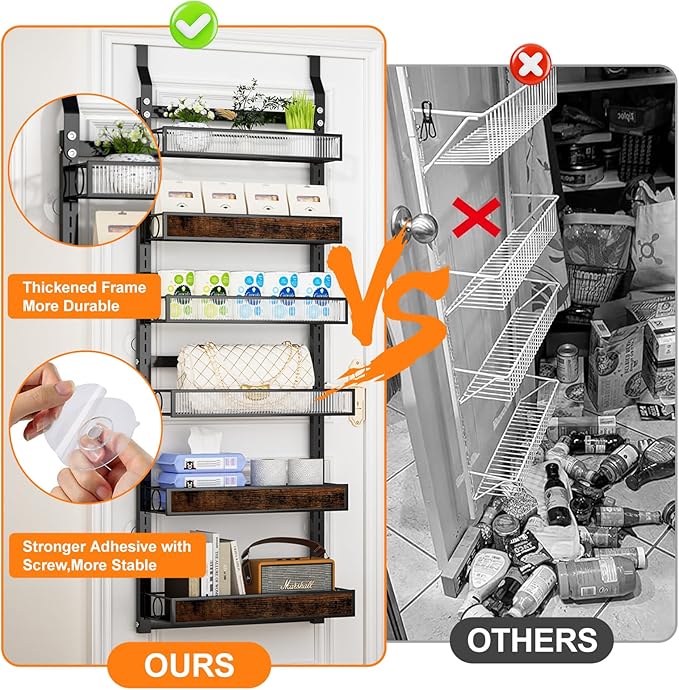 6 Tier Over the Door Pantry Organizer 2 IN 1 Hanging or Wall Mounted Spice Rack with Adjustable Basket,Heavy Duty Seasonning Storage Shelf for Kitchen Pantry and Bathroom,Black