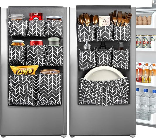 Mini Fridge Organizer 65" x 12.6", Mini Fridge Caddy with 15 Large Pockets, Over the Refrigerator Caddy Storage for Dorm, Pantry, Office, Plate, Silverware, Spice, Cutlery, Bottles, Napkins (Grey)
