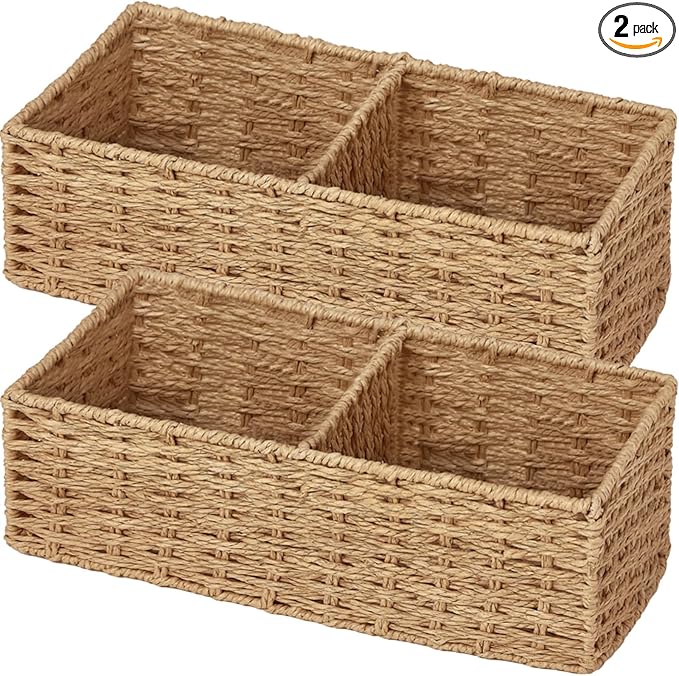 Vagusicc Set of 2 Wicker Storage Basket for for Shelves, Baskets for Organizing, Toilet Paper Basket for Toilet Tank Top, 2-Section, Natural