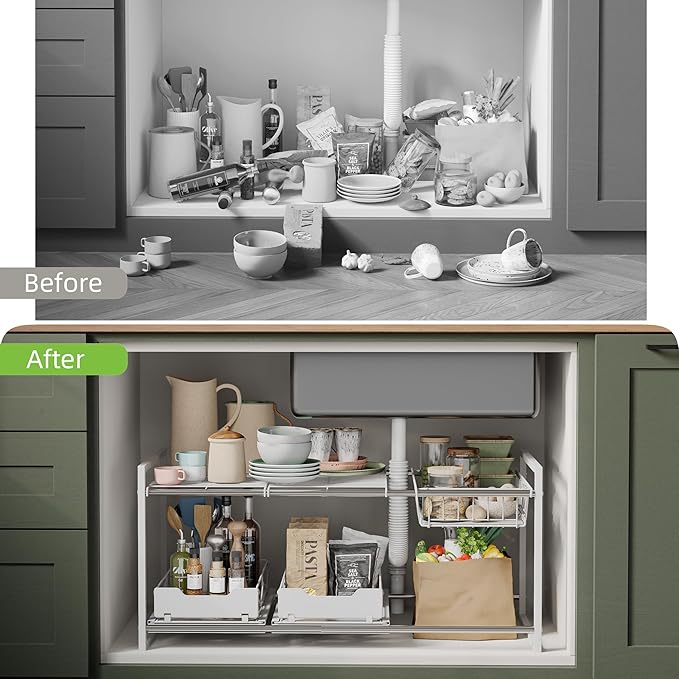 Under Sink Organizers and Storage,Kitchen Cabinet Organizer,2 Tier Under Sink Expandable Shelves，Bathroom Cabinet Organizer with Pull Out Drawers,(30.9-31.64)" W x 14.69" D x 15.83" H,White