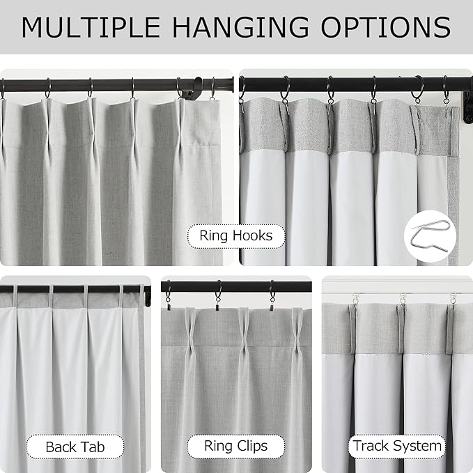 Vision Home Light Grey Pinch Pleated Full Blackout Curtains Linen Blended 60" Wide Thermal Insulated Window Panels 84 inch for Bedroom Living Room Darkening Pleat Drapes with Hooks Back Tab 60"Wx84Lx1