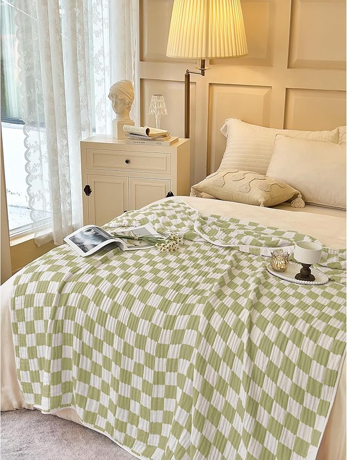 Ultra Soft Cozy 6-Layer Muslin 100% Cotton Checkered Queen Size 90"x90" Bed Blanket Breathable Lightweight Checkboard Bed Blankets Decorative for Sofa Bed All Seasons Both Sides Green