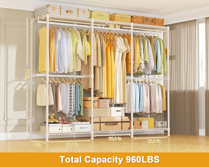 E14 Pro Heavy Duty Clothes Rack，Freestanding Clothing Racks for Hanging Clothes，Adjustable Closet Organizers and Storage，Metal Garment Rack with Shelves 69"W x16"D x77"H，Max Load 960LBS，White