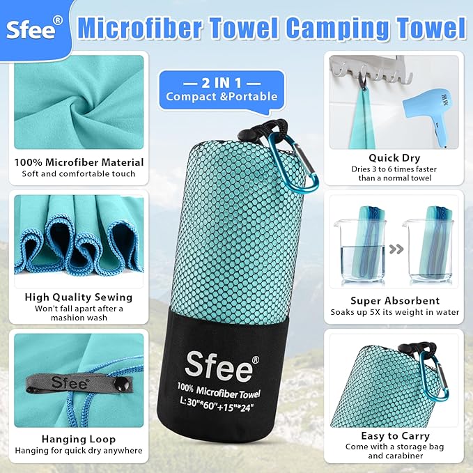 XL Microfiber Towel, Quick Dry Beach Towel Set 2 Pack - Super Absorbent, Lightweight, Compact, Bath Towel for Travel, Gym, Hiking, Pool, Backpacking, Yoga, Mint