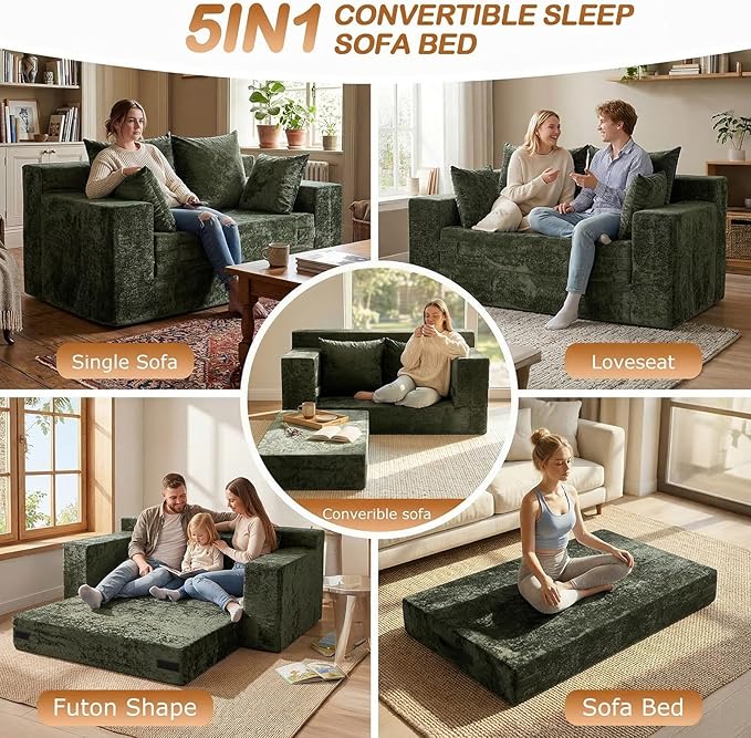 Convertible Sofa Bed, 5 in 1 Small Boneless Couch Pull Out Loveseat Sleeper Sofa,Corduroy Futon Couch Folding Mattress with 4 Pillows for Living Room Bedroom Lounge (No Assembly)