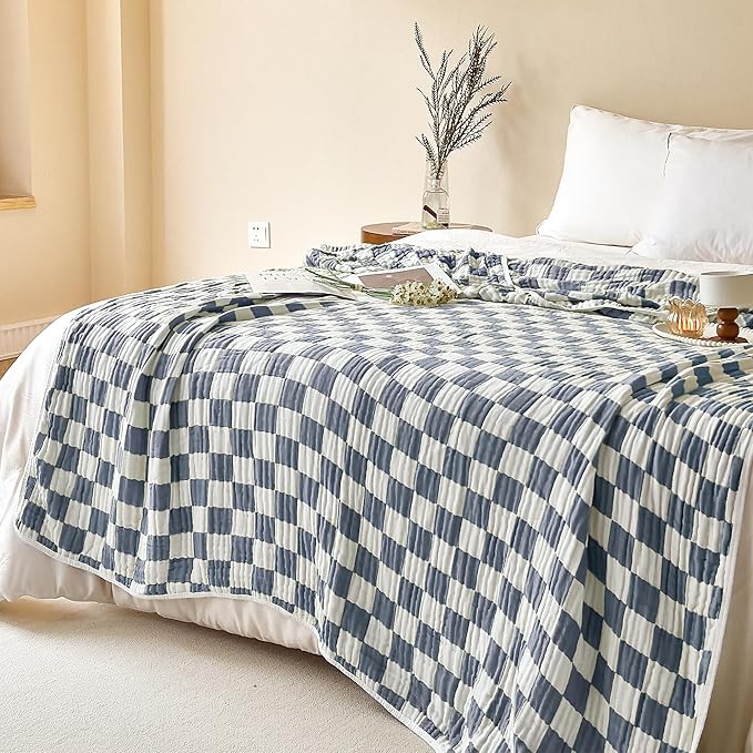 SANACYNA 100% Cotton Throw Blanket 6-Layer Gauze Muslin Blanket Blue Grid Cooling Blanket Lightweight Soft and Breathable Blanket for Sofa Couch Gifts for Boys (Blue Checker, Throw 50"x60")