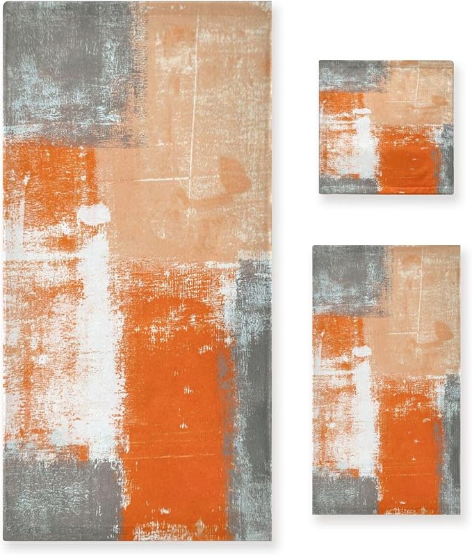 Orange Gray Ombre Bath Towels Set, 3 Piece Grey White Abstract Towels Set (1 Bath Towel, 1 Hand Towel, 1 Washcloth), Absorbent Microfiber Decorative Bathroom Towels for Fingertip, Hair, Face