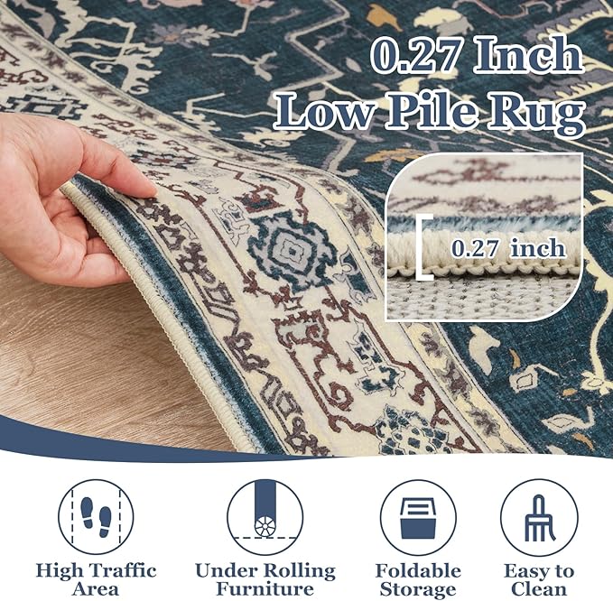 Distressed Vintage 5x7 Area Rugs for Living Room Bedroom Non Slip Washable, Medallion Pattern Printed Low Pile Farmhouse Carpet Rugs for Dining Room/Kitchen/Home Office, Deep Blue/Multi