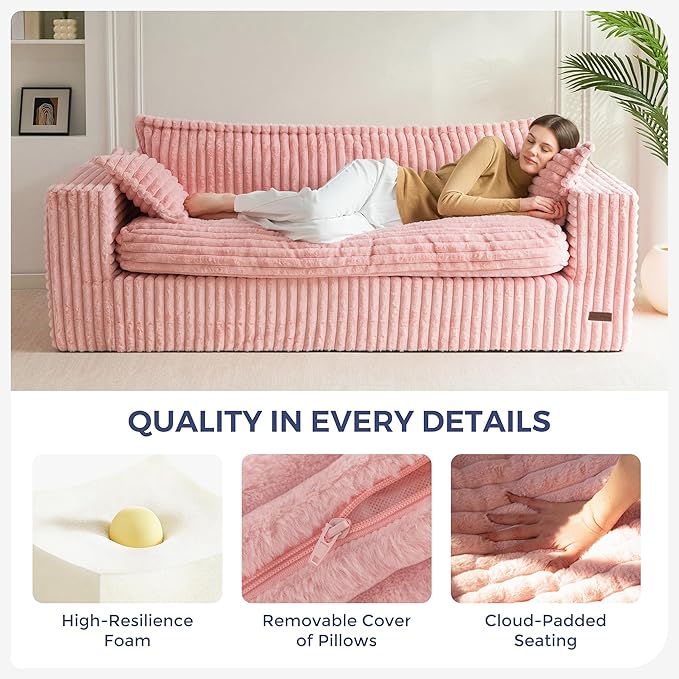MAXYOYO 76" Bean Bag Sofa Couch, Loveseat Boneless Couch in a Box, Upholstered Small Mini Sofa with Deep Seating for Living Room Bedroom Office Apartment, No Assembly, Pink