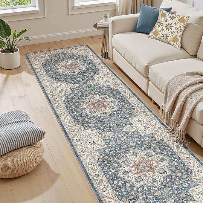 Vintage Hallway Runner Rug 2x10: Large Soft Washable Entryway for Kitchen Laundry Room Non-Slip Backing Runner for Entrance Living Room Bedroom Bathroom - Vintage Blue