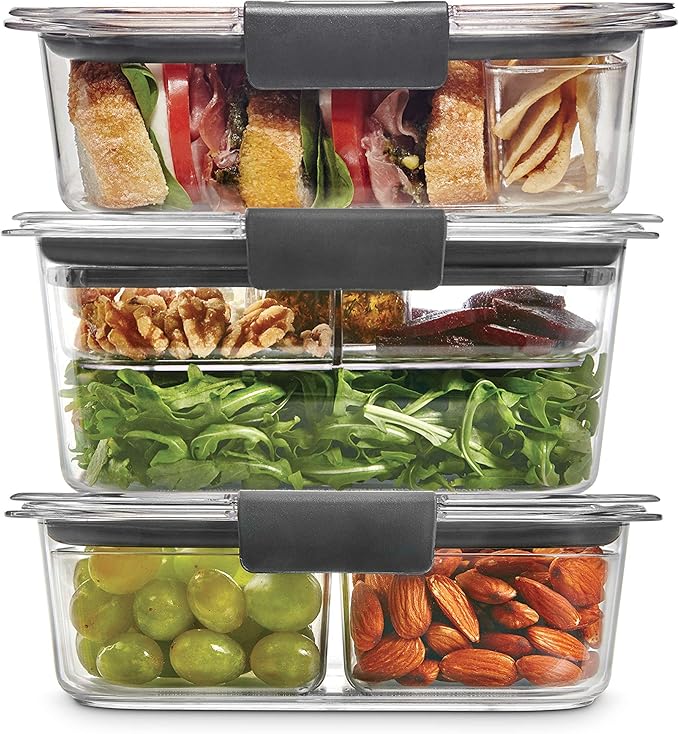 Rubbermaid Brilliance Food Storage Containers with Lids, Airtight, for Lunch, Meal Prep, and Leftovers, Set of 3 with Removable Trays | Large 9.6 Cup Container