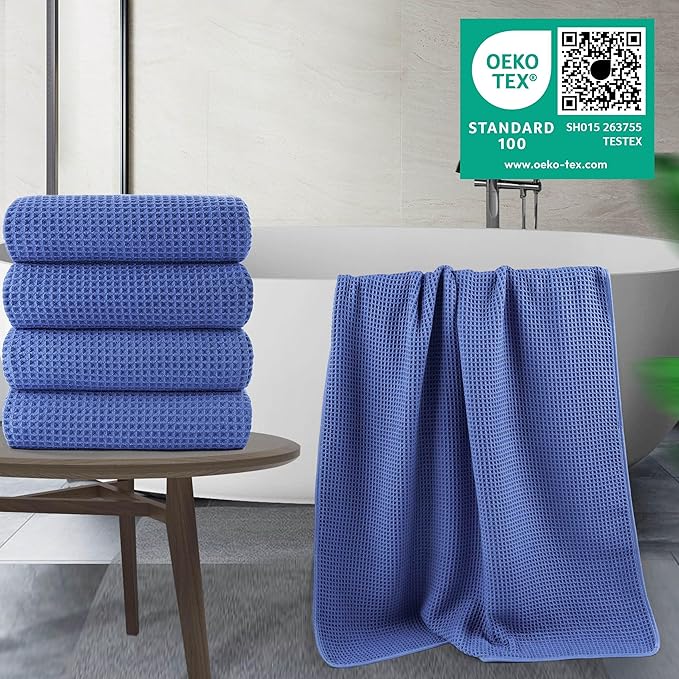 430 GSM Microfiber Oversize Quick Dry Lint Free Bath Towel, 60 x 30 in, 4 Pack (Waffle Weave)