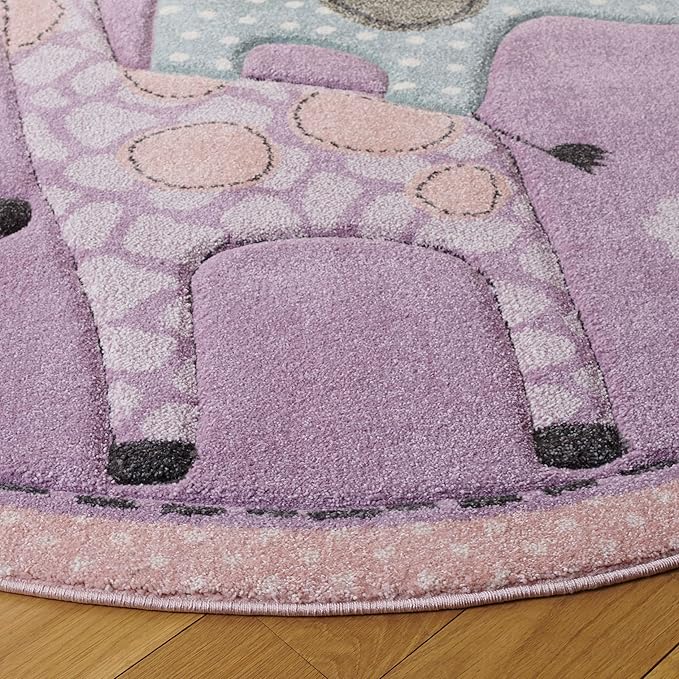 SAFAVIEH Carousel Kids Collection Area Rug - 4' Round, Purple, Animal Design, Easy Care & Non-Shedding, Ideal for High Traffic Areas for Boys & Girls in Playroom, Nursery (CRK120V-4R)
