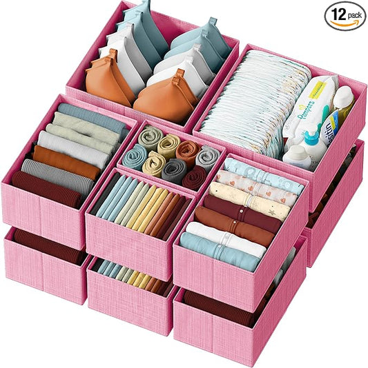 Drawer Organizer Clothes Set of 12 Pink - Dresser Organizer For Nursery, Bedroom, Closet - Perfect Baby Clothes Organizer and Storage & General Nursery Organization or Dresser Drawer Organizers