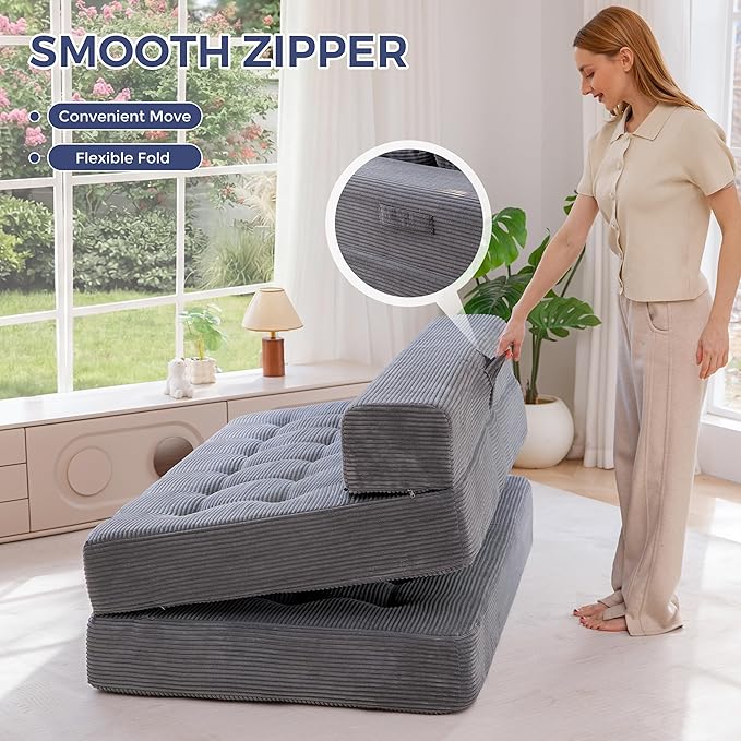 MAXYOYO Folding Sofa Couch, Convertible Floor Sleeper Couch with 3 Pillows, Tufted Floor Oversized Loveseat Couch Tufted Fold Out Chair Bed Comfy Sofa Lounge for Living Room Bedroom, Dark Grey