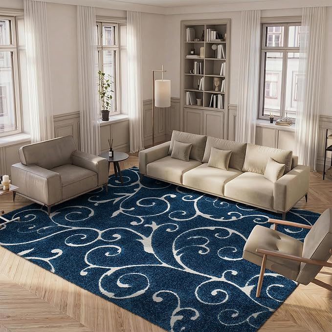 SAFAVIEH Area Rug 8x10 - Florida Shag Collection - Large - Dark Blue & Cream, Scroll Design, Non-Shedding & Easy to Clean, High-Low Plush Pile, Ideal for Living Room, Bedroom, Dining (SG455-6511)