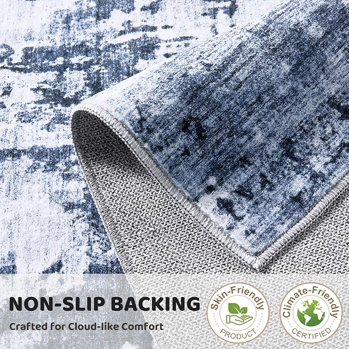 Washable Runner Rug for Hallway: 2x6 Neutral Modern Abstract Low Pile Area Rug with Non-Slip Backing - Carpet for Bedroom Kitchen Laundry Entryway Bathroom Indoor - Navy Blue