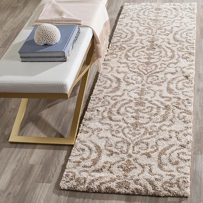 SAFAVIEH Florida Shag Collection Runner Rug - 2'3" x 10', Cream & Beige, Damask Design, Non-Shedding & Easy Care, 1.2-inch Thick Ideal for High Traffic Areas in Living Room, Bedroom (SG462-1113)