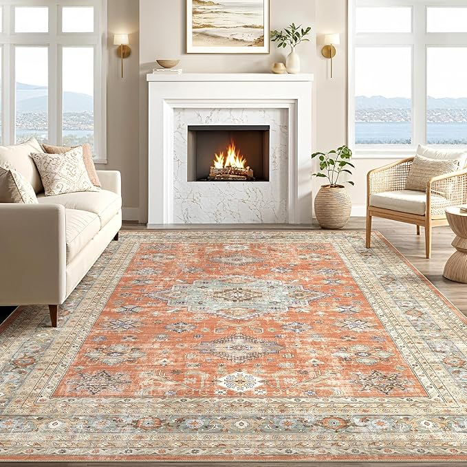 Vintage Living Room Area Rug 9x12 - Large Soft Washable Oriental Traditional Distressed Farmhouse Rugs for Bedroom - Indoor Floor Accent Carpet for Home Office House Decor - Orange