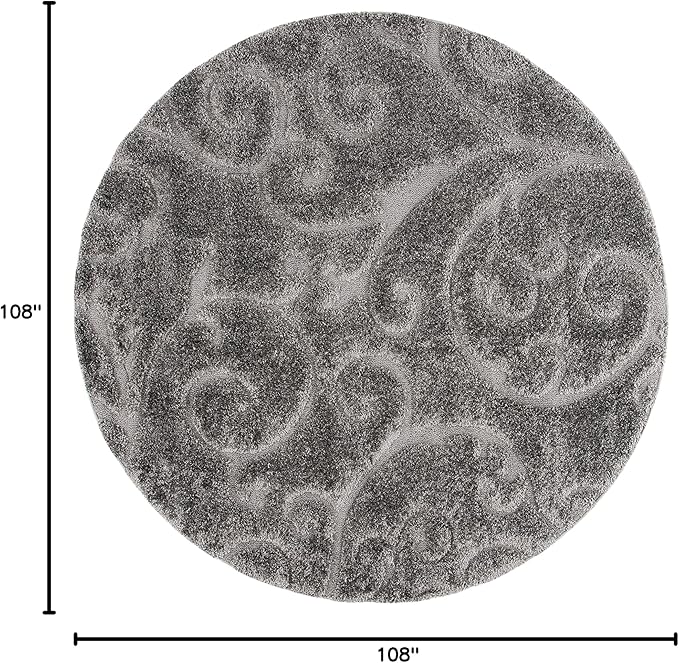 SAFAVIEH Florida Shag Collection Area Rug - 9' Round, Grey, Scroll Design, Non-Shedding & Easy to Clean, High-Low Plush Pile, Ideal for Living Room, Bedroom, Dining Space (SG455-8013)