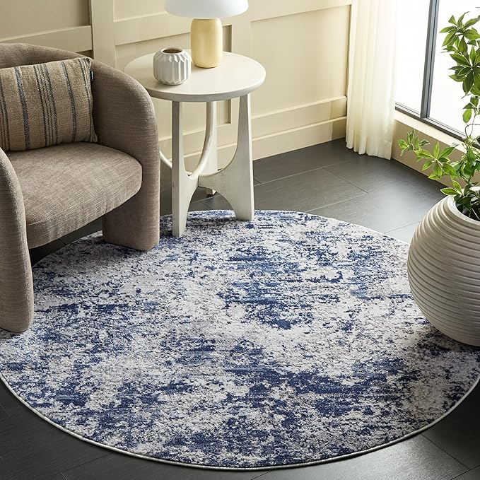SAFAVIEH Amelia Collection Area Rug - 5'3" Round, Ivory & Navy, Modern Abstract Design, Non-Shedding & Easy Cleaning, Ideal for Living Room, Bedroom, Dining Space (ALA705A)