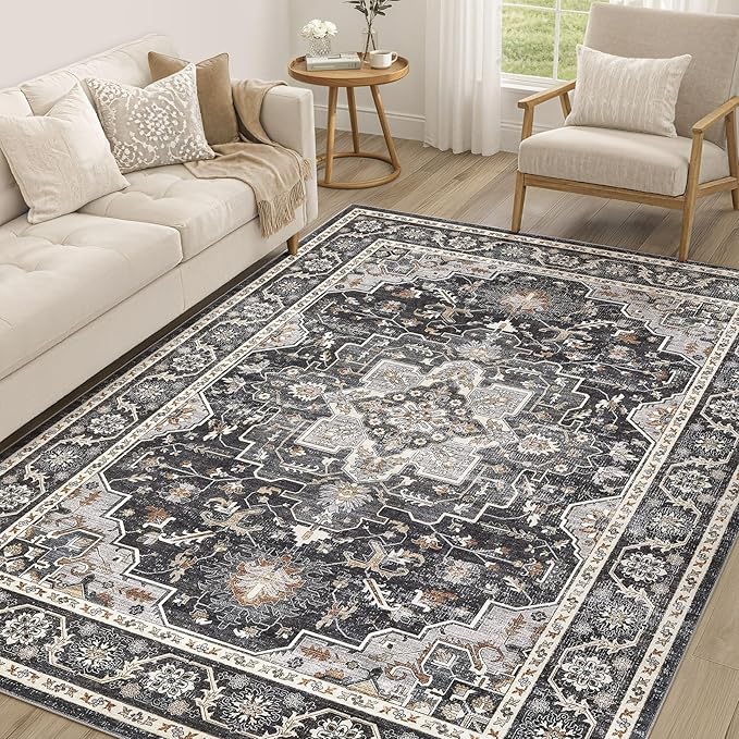 Vintage Living Room Area Rug 6x9 - Large Soft Washable Oriental Traditional Distressed Farmhouse Rugs for Bedroom - Indoor Floor Accent Carpet for Home Office House Decor - Black