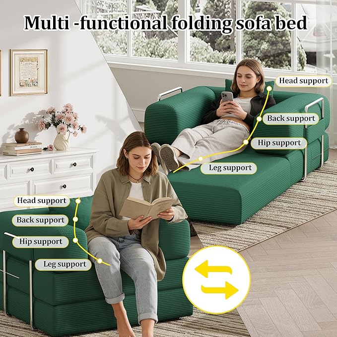 Folding Sofa Bed, 2 in 1 Convertible Sofas to Lounger Comfy Single Bean Bag Chair Floor Portable Foldable Sleeper Lazy Futon Couch Chair for Bedroom, Living Room (Green, 35.43" Single Sofa)