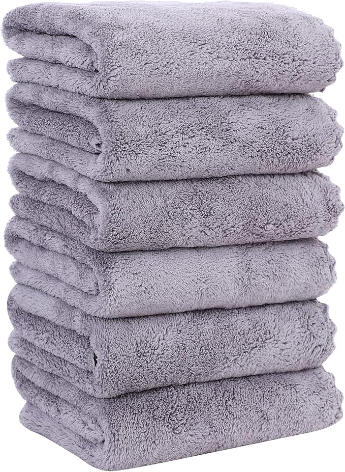6 Pack Premium Hand Towels - Quick Drying - Microfiber Coral Velvet Highly Absorbent Towels - Multipurpose Use as Hotel, Bathroom, Shower, Spa, Hand Towel 16 x 28 inches (Light Grey)
