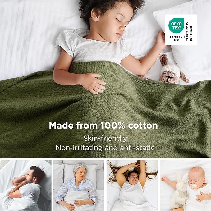 Bedsure GentleSoft 100% Cotton Blanket King Size for Bed - Breathable and Lightweight, Soft Cozy Textured Herringbone Woven Blanket for Summer, Olive Green, 108x90 inches