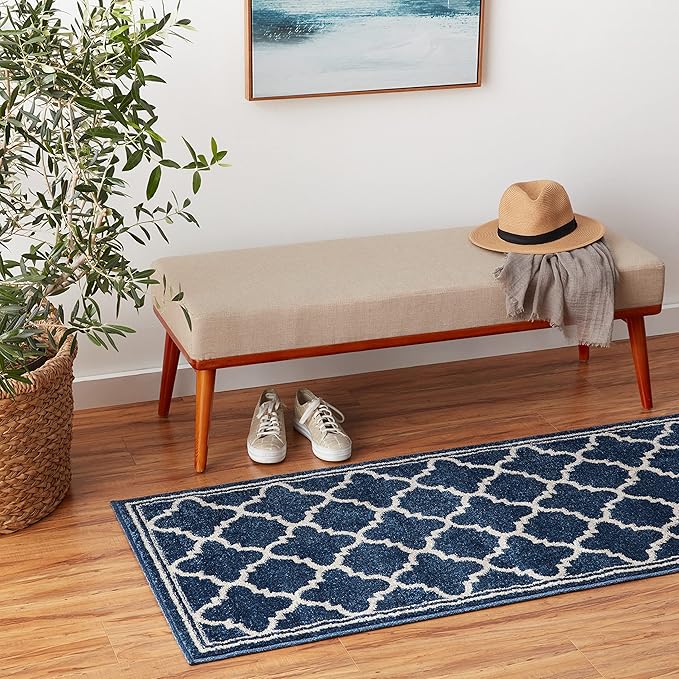 SAFAVIEH Amherst Collection Accent Rug - 2'3" x 5', Navy & Beige, Moroccan Trellis Design, Non-Shedding & Easy Care, Ideal for High Traffic Areas in Entryway, Living Room, Bedroom (AMT422P)
