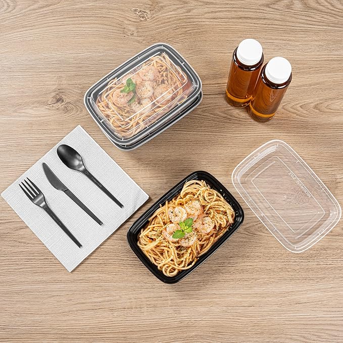 Restaurantware Plastic Food Container 50 Count 7.7 x 5.5 x 1.5 Inch 16 Oz Black Microwave-Safe Meal Prep To-Go Box With Clear Lid Plastic Storage Box For Hot And Cold Food